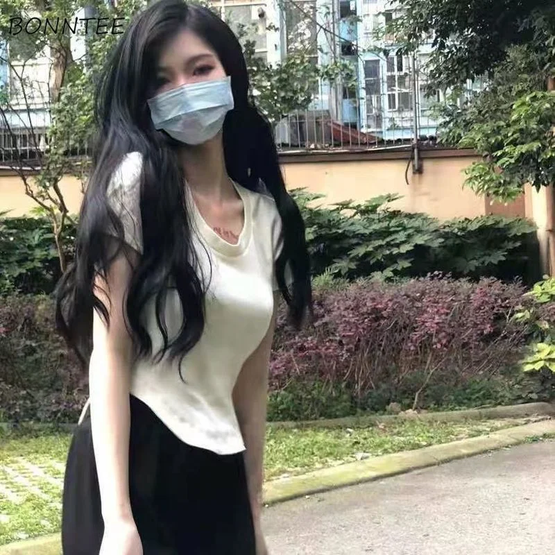 

Short Sleeve T-shirts Women Solid Crop Tops Slim Basic Sexy Simple Summer New Korean Style Cool Prevalent Elegant Streetwear Ins
