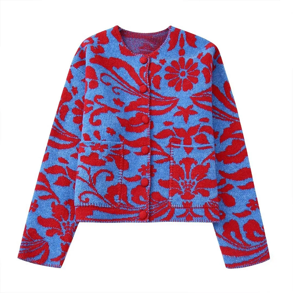 

BER&OYS&ZA2022 Autumn/Winter women's fashion round neck chic single breasted Jacquard knit Long sleeve jacket