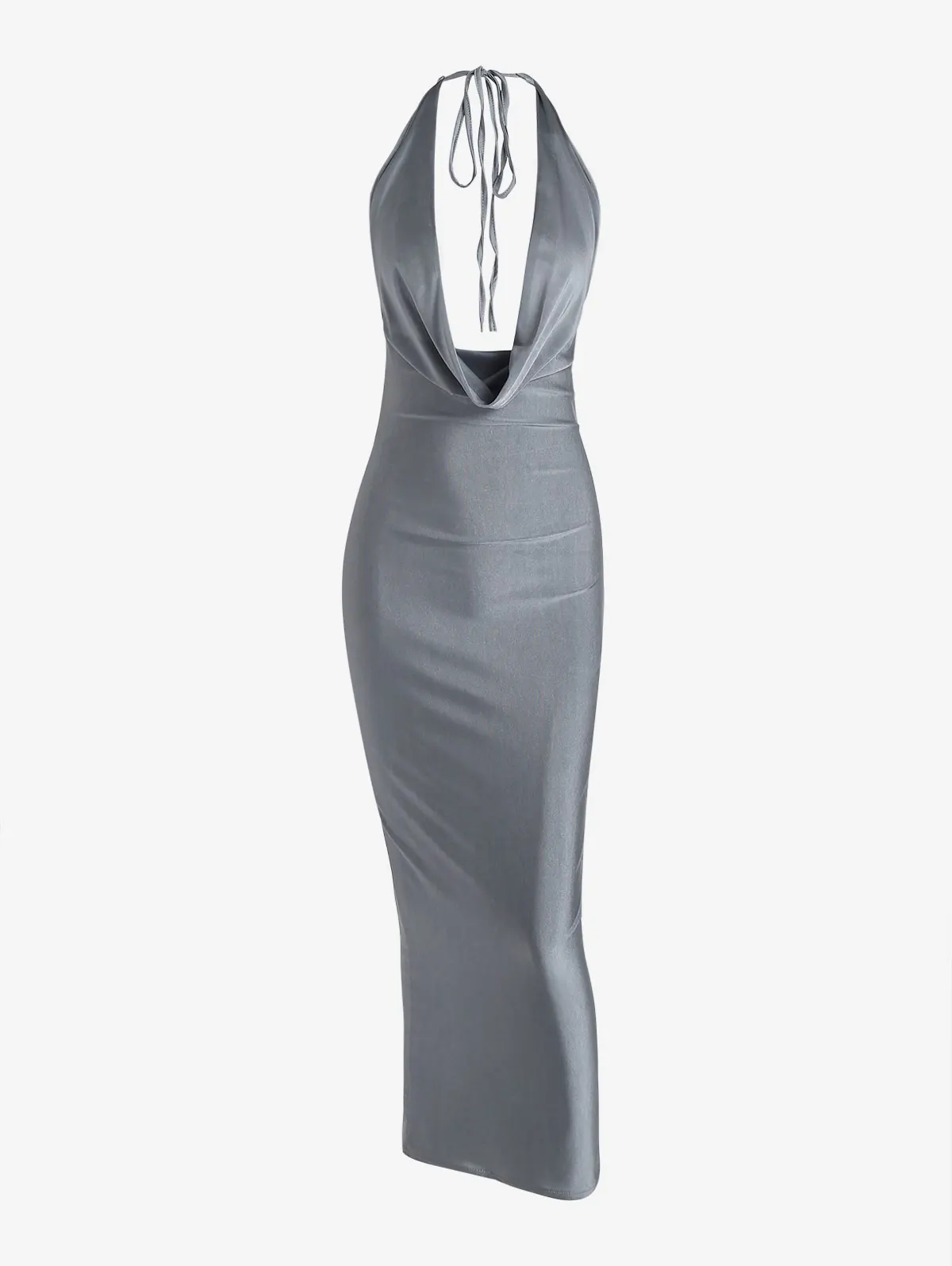 

ZAFUL Cowl Neck Halter Backless Slinky Gray Solid Color Sexy Cocktail & Party Maxi Dress for Women 2023