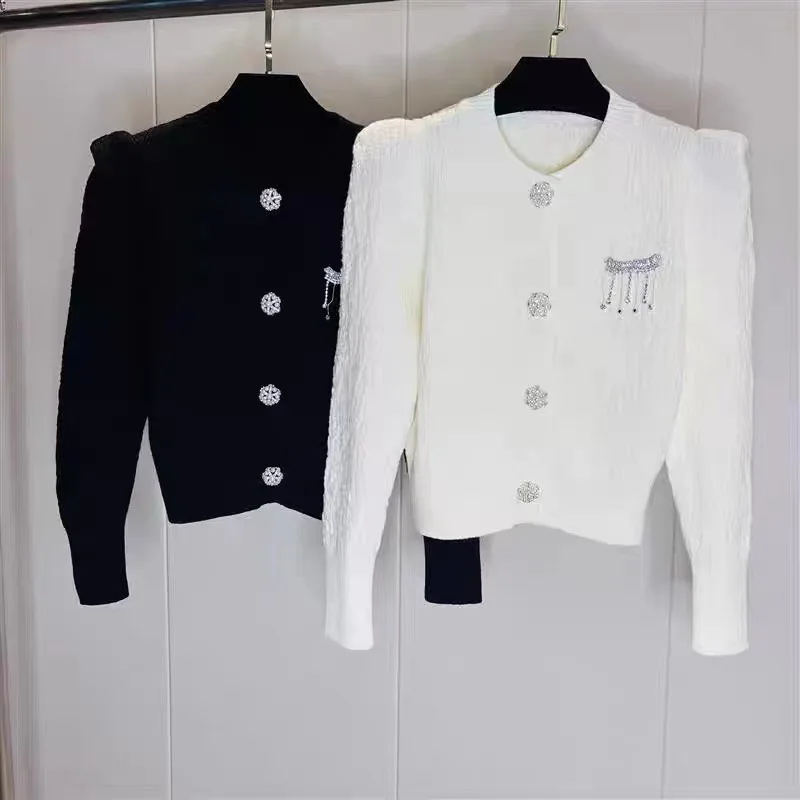 

Spring Autumn Chic Cashmere Knitted Cardigans Women Chain Beaded Sweater Coat Solid Korean Short Knitwear White Cropped Cardigan