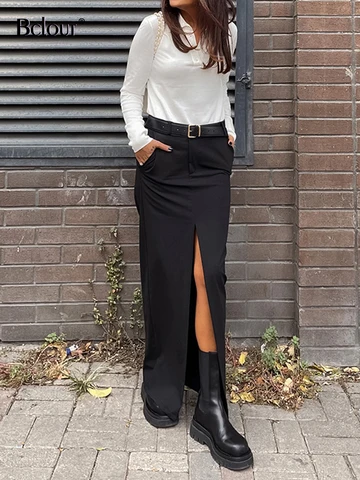 Bclout Elegant Slit Long Skirts Women 2023 Summer Office Lady Solid Sexy Straight Skirts Fashion Cotton Party Slit Black Skirts