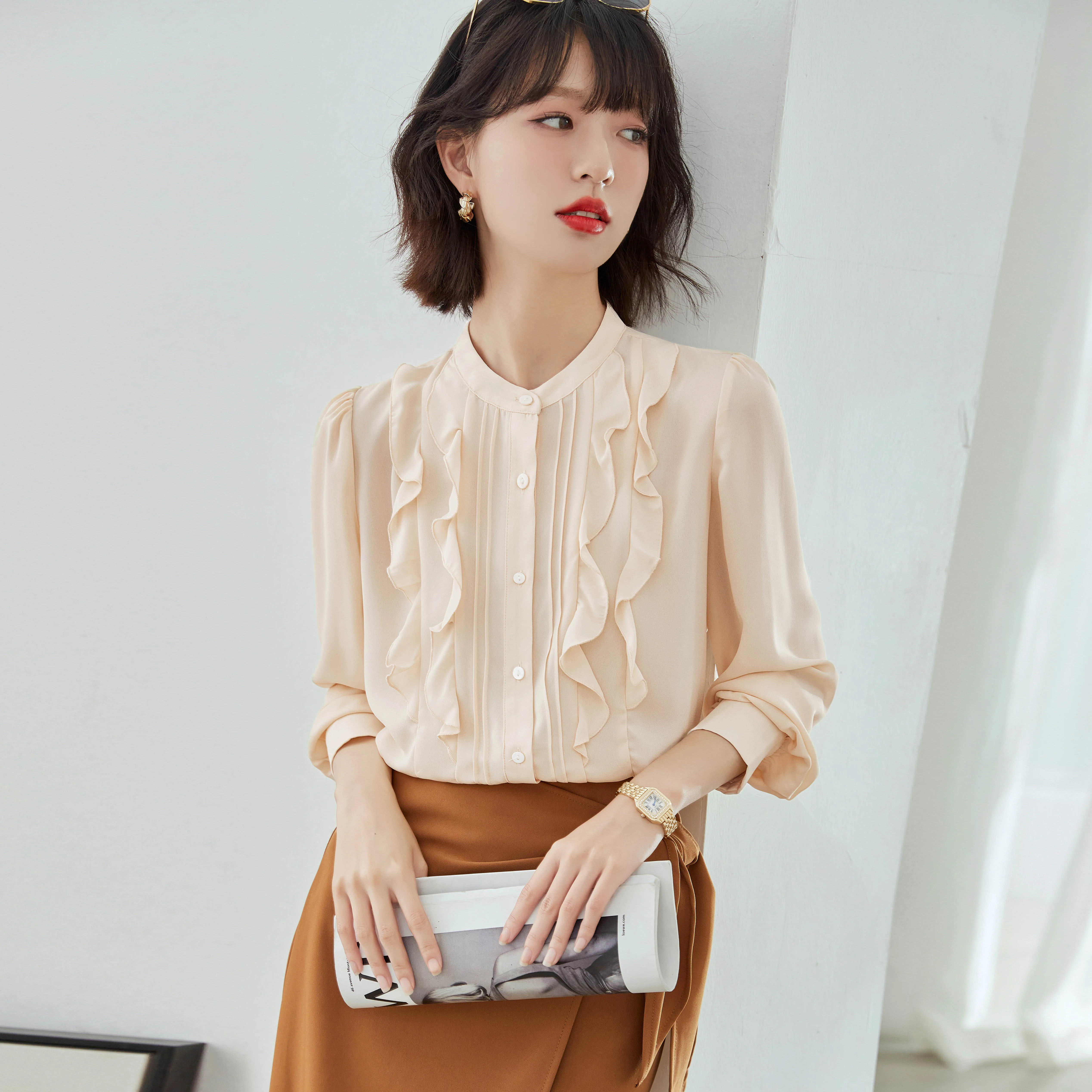 

Autumn Ruffled Collar Womens Shirt High-end Chiffon Clothing Apricot Elegant Office Lady Long Sleeve Blouses Camisas De Mujer