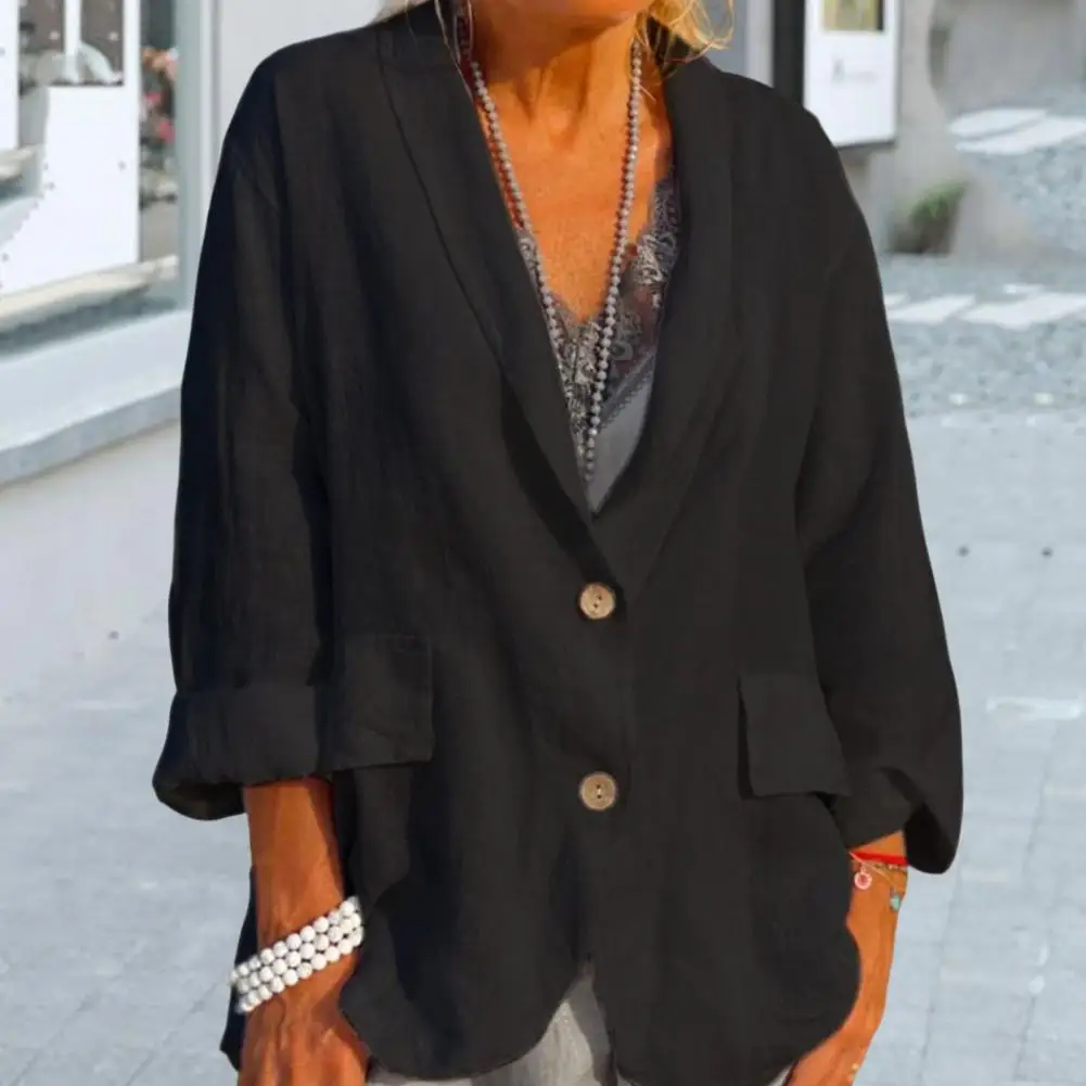 

Women Autumn Coat Lapel Solid Color Long Sleeves Cardigan Friendly to Skin Warm Soft Flap Pockets Lady Spring Coat for Work