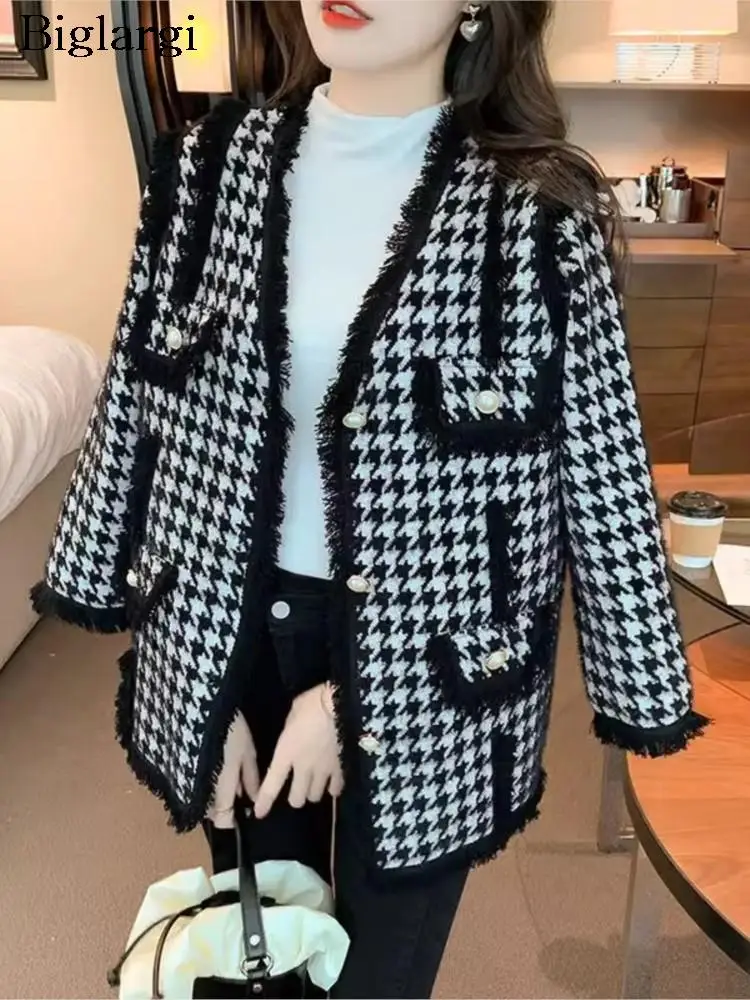 

Autumn Winter V-Neck Coat Women Fringe Modis Houndstooth Plaid Print Ladies Jackets Long Sleeve Elegant Woman Jackets Coats 2023