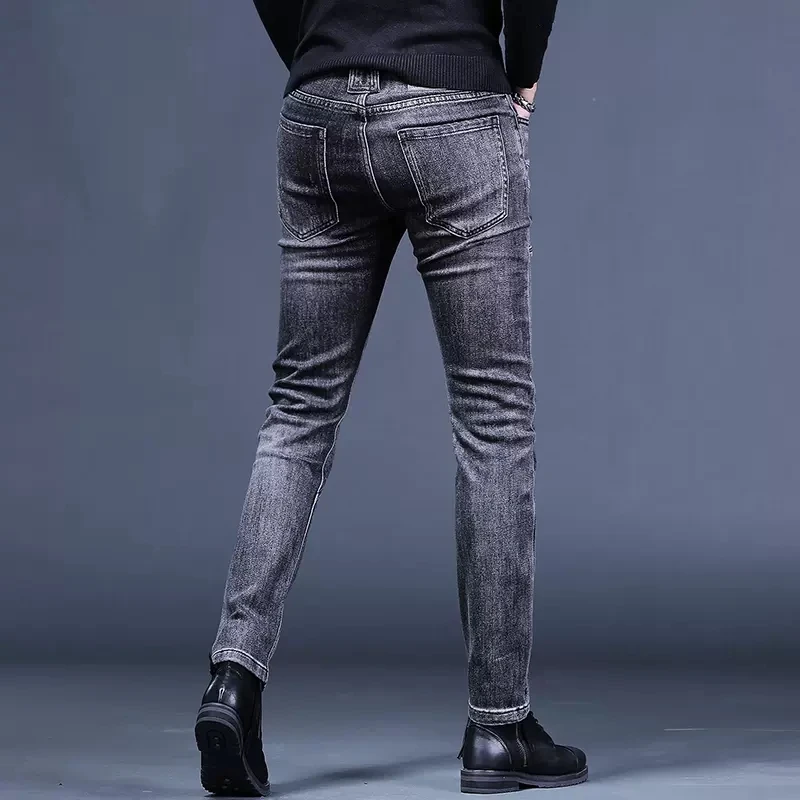 Autumn Men's Black Gray Ripped Jeans Slim Fit Straight Pants Streetwear Fashion Patchwork Patch Denim Trousers CP2006