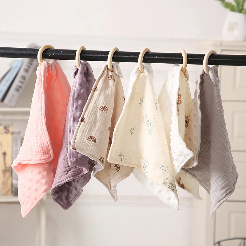 

New Baby Comforter Bibs Newborn Soothe Bite Ring Teether Double Muslin Crepe Cotton Snap Button Burp Cloths Baby Appease Towel