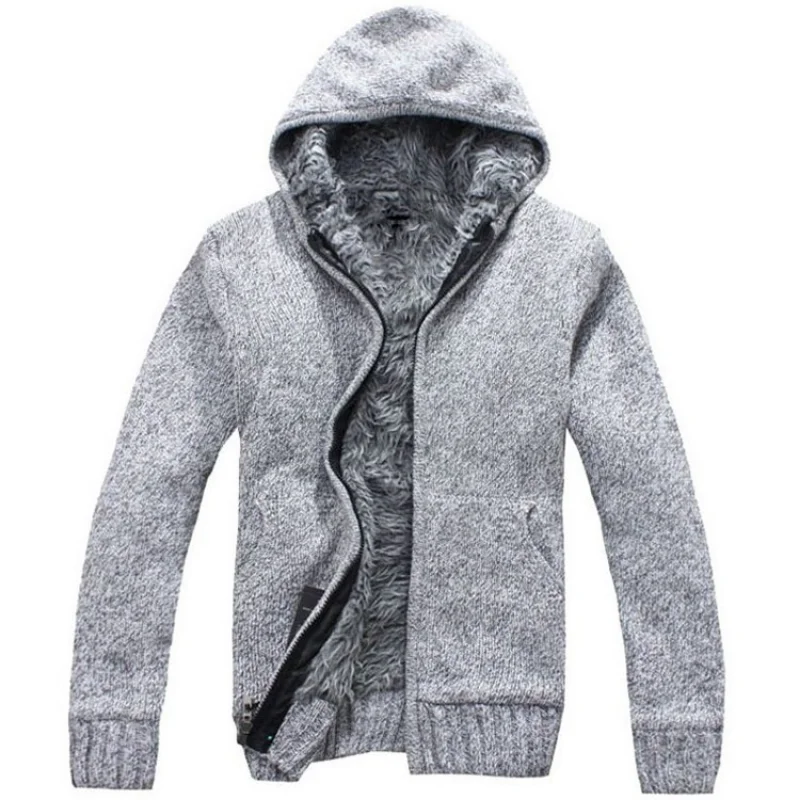 New Winter Fleece Thickened Hooded Zipper Men's Knitted Cardigan Sweater Jacket