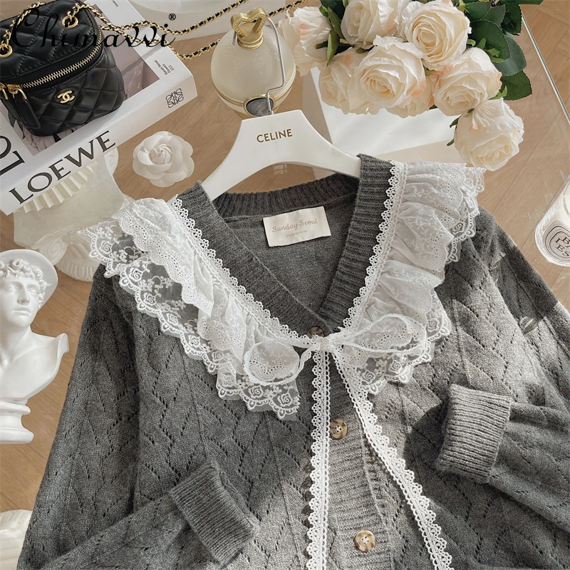 

Fashion Handmade Lace Collar Knitted Sweater for Women 2022 Spring Clothes New Elegant Slim-Fit Long Sleeve Cardigan Coat