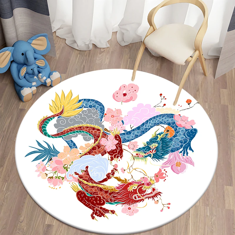 Dragon Art Kawaii Printed Round Carpet Children's Living Room Mat Floor Mat Yoga Mat Bedroom Chair Non Slip Mat New Year Gift