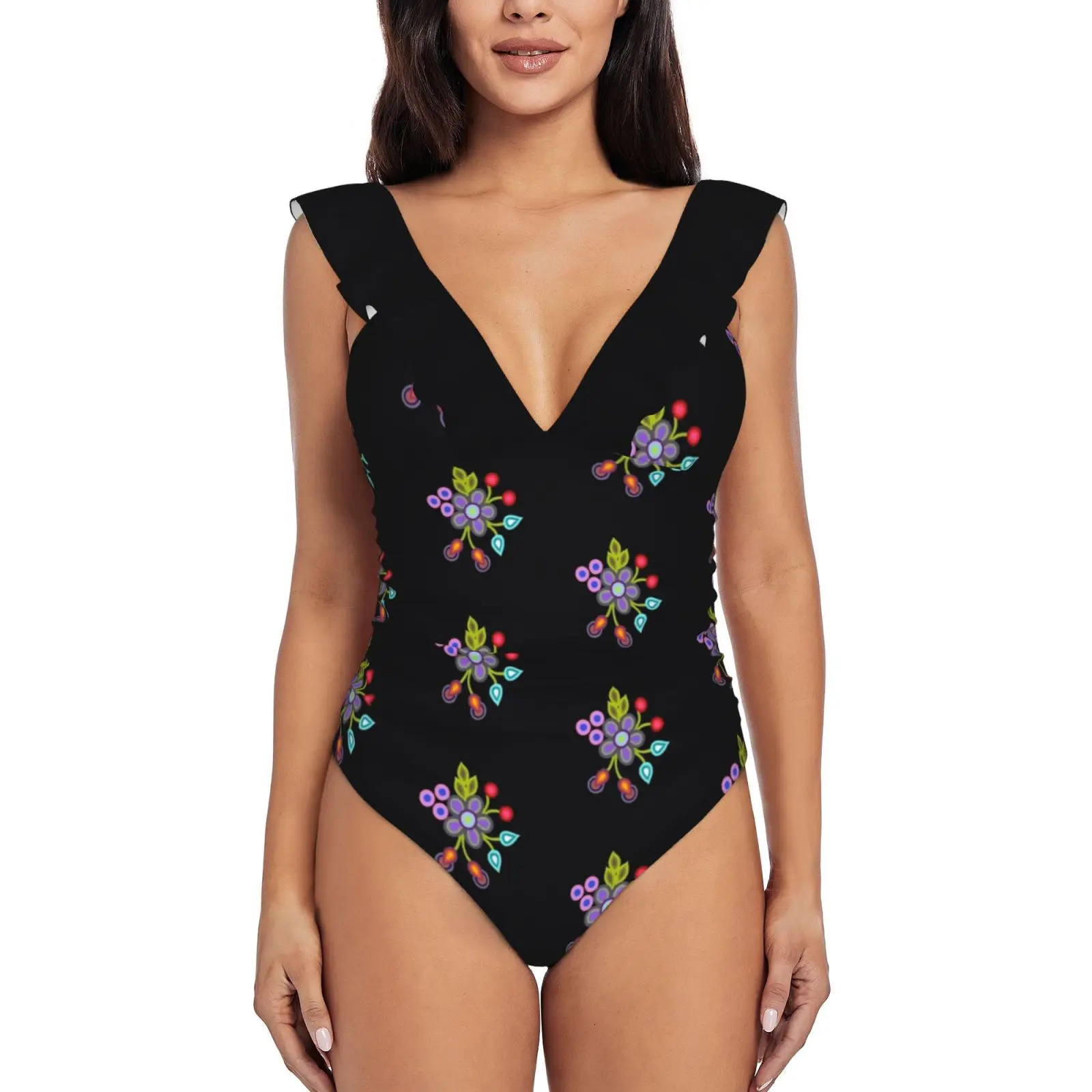 

Женский слитный купальник с оборками, бисером и цветочным принтом