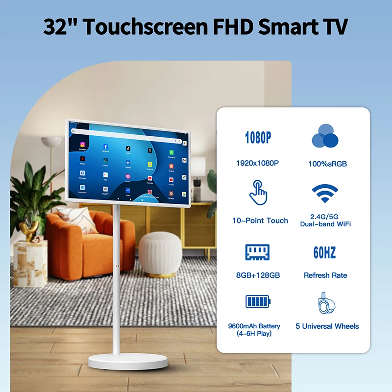 Фото Интерактивный 32-дюймовый портативный монитор-телевизор Smart TV с Android 15, 8+128 ГБ, сенсорный ЖК-дисплей, все в одном, портативный телевизор №3