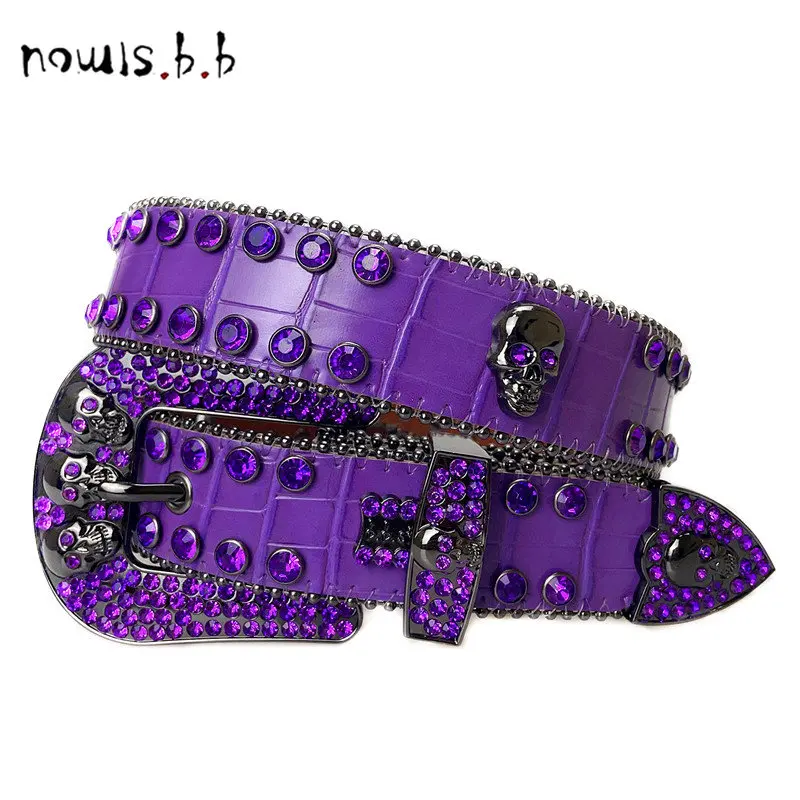NOWISBB Purple Crystal Studded Diamond Belt Luxury Brand Vintage Western Cowgirl Cowboy Rhinestones Bling Bling Belts for Women