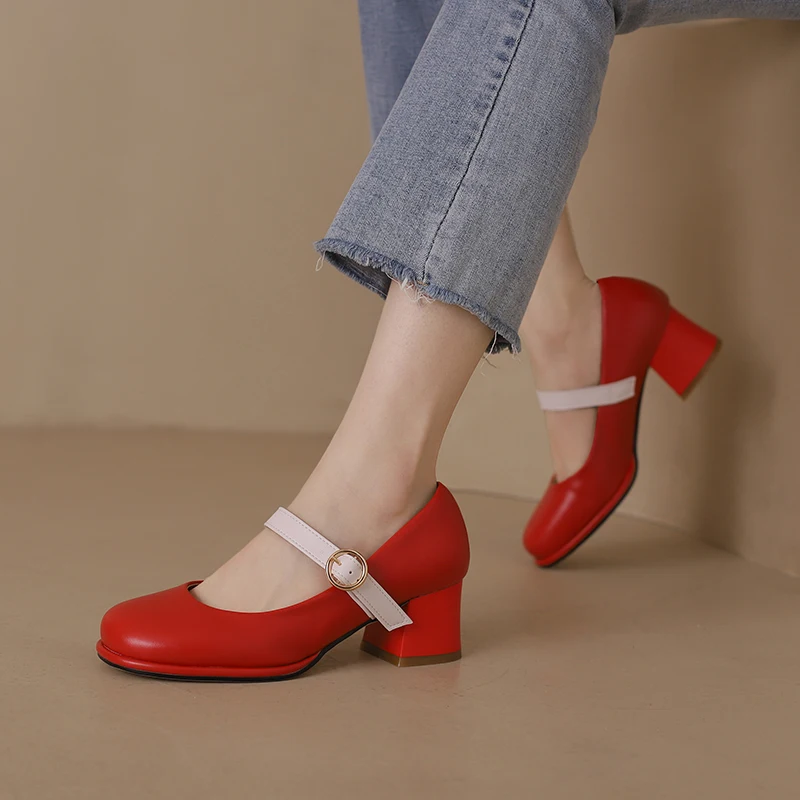 Women PU Leather Classic Mary Janes  Shoes Chuncky Heel  Round Buckle Retro Handmade Pumps Red Pink Black White Plus Size 48