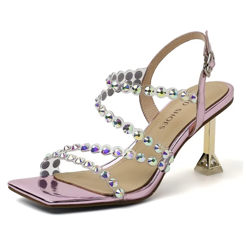 

Dilalula New Women Sandals Sexy Rhinestone Rivet Pumps Genuine Leather Wedding Party Prom Thick Heels Shoes Woman