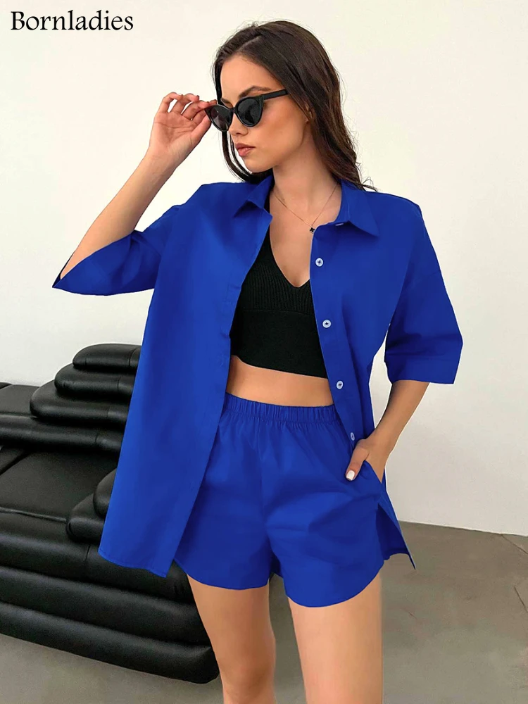 

Bornladies повседневные уличные комплекты из 2 предметов, женские летние рубашки с отложным воротником и коротким рукавом, спортивные широкие шо...