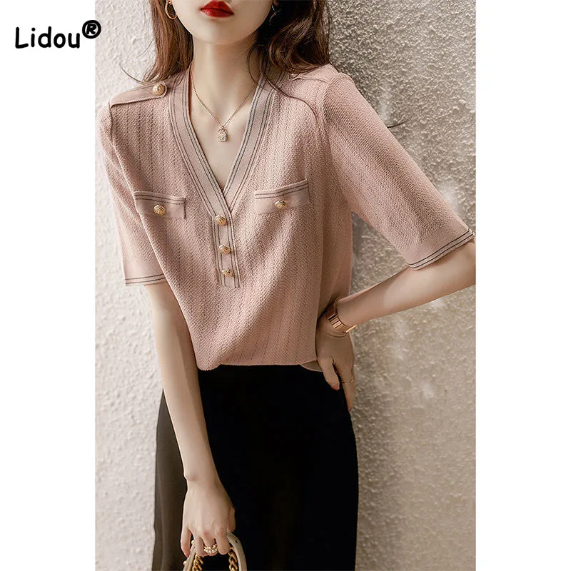 

Elegant Fashion Female Solid Color V-Neck Thin Knitted T-shirt Summer Korean Chic Button Spliced Commute Tops Women's Clothing
