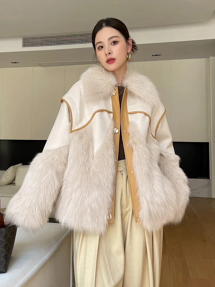 Women Real Fur Coat Autumn Winter Fashion Thick Double-faced Fox Fur Suede Patchwork Fur Jacket Single Breasted Loose Outerwear