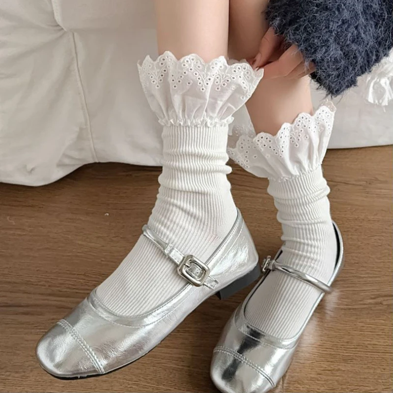 Ruffle Socks Women New Japanese Fashion Solid Color Black White Gray Long JK Sweet Girls Lolita Kawaii Cute Princess