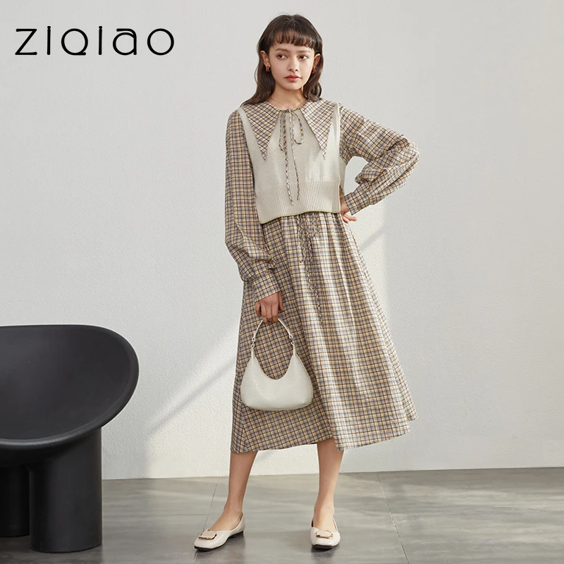 ZIQIAO Japanese Sweet Women Robes 2022 Autumn Winter New Dress Printing Pleated Dresses Drawstring Knitting Vest Suits