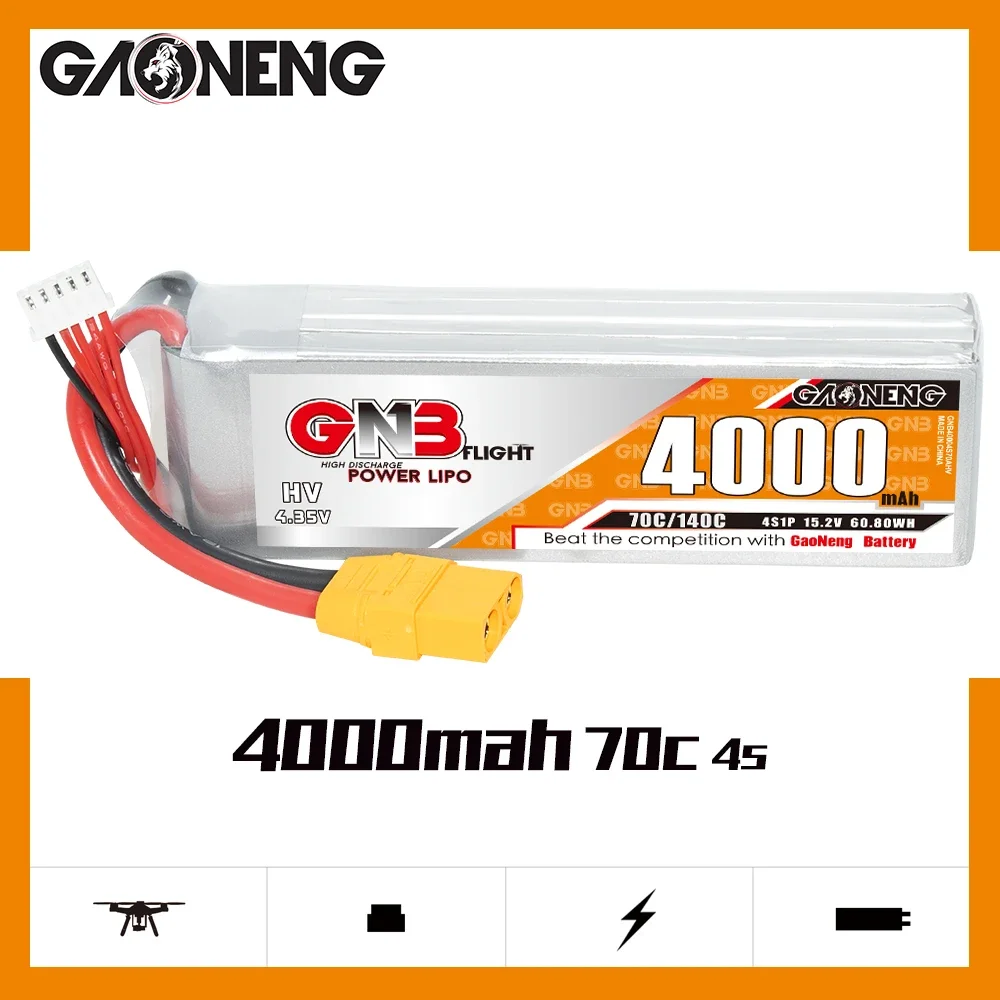 

Gaoneng GNB 4000mAh 4S1P 15.2V 70C/140C Light Weight HV Lipo Battery XT90S Plug For UAV RC Car Boat FPV Drone Helicopter Parts