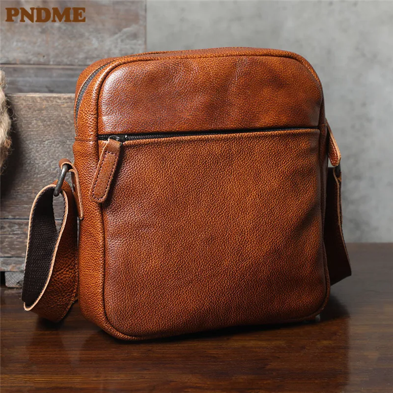PNDME simple vintage first layer cowhide men's shoulder bag outdoor daily natural genuine leather youth small messenger bag