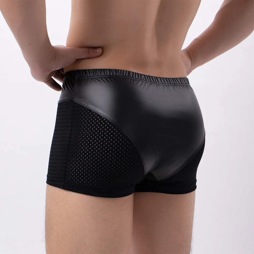 

Mesh Faux Leather Trunks Men Boxers Shorts Big Peni Pouch Underpants Sexy Breathable Cool Translucent Underwear Sexy Panties A50