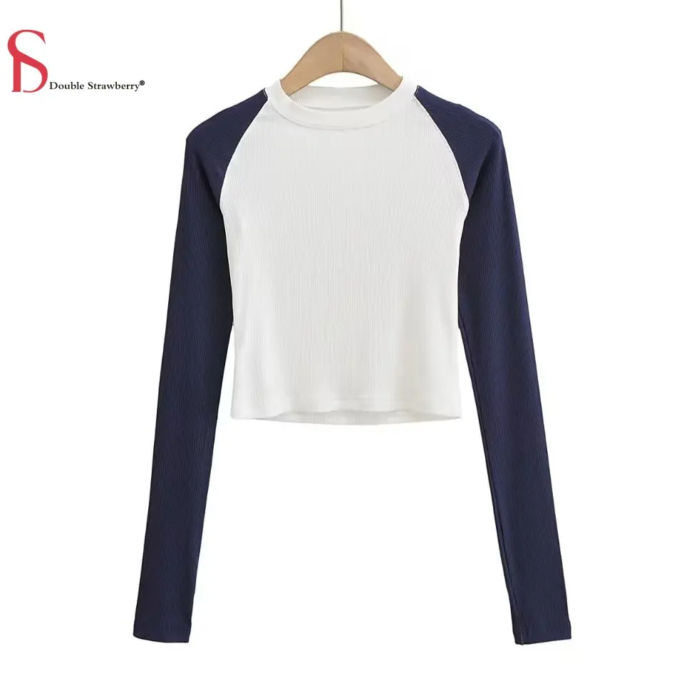 

Fall New Short Pullover Long Sleeve Round Neck Slim Raglan Sleeves Contrast Color Women's Cotton T-Shirt Tops