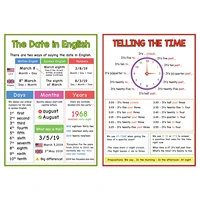 2 pcs the date in english telling the time learn english time expressions early educational for kid classroom decor a4 posters