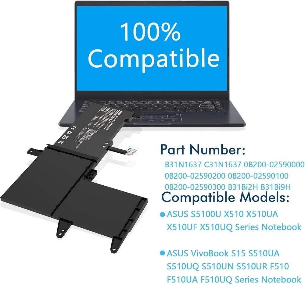 Фото Сменная батарея для ноутбука B31N1637 C31N1637 42Wh для Asus VivoBook F510UA K510U X510UF X510UQ R520U S510U S15 №3