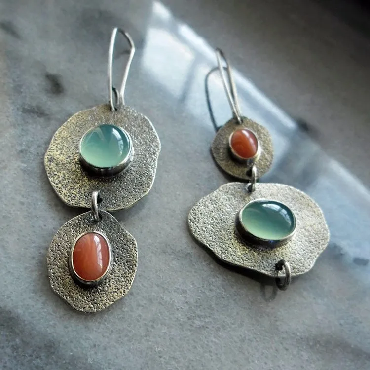 2023New Bohemian Mintcream Chalcedony Artificial Coral Earrings Asymmetric Vintage Thai Silver Earrings Earrings