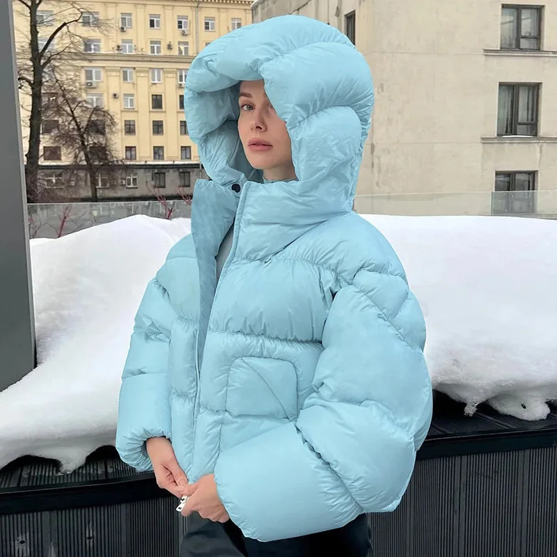 2022 Autumn and Winter Women's New Fashion Collar Hooded Thickened Short Solid Color Cotton Jacket Warm Windproof