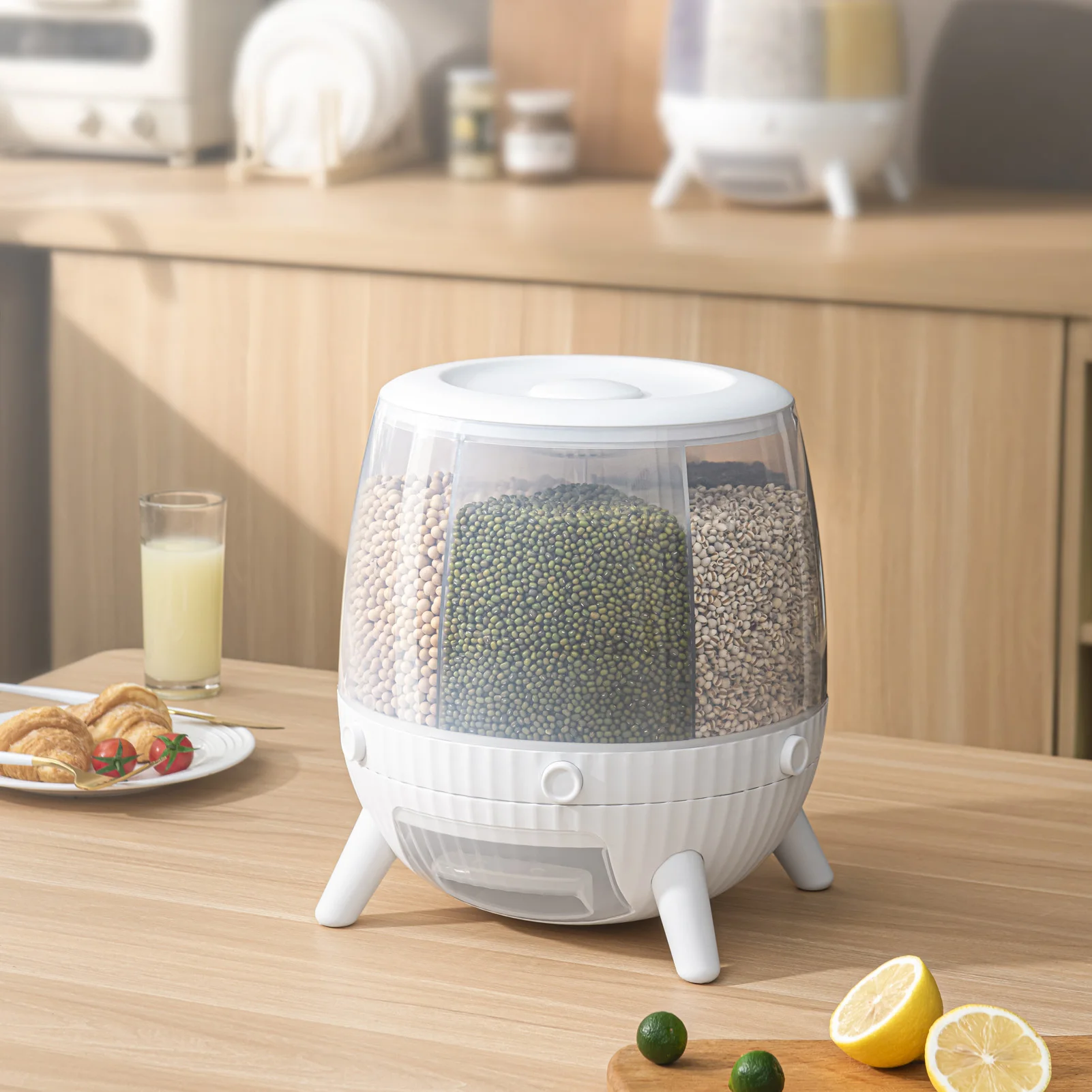 

6 Grids Rotating Rice Dispenser Grain Storage Container Transparent Food Storage Bucket Sealed Rice Bucket for Grains