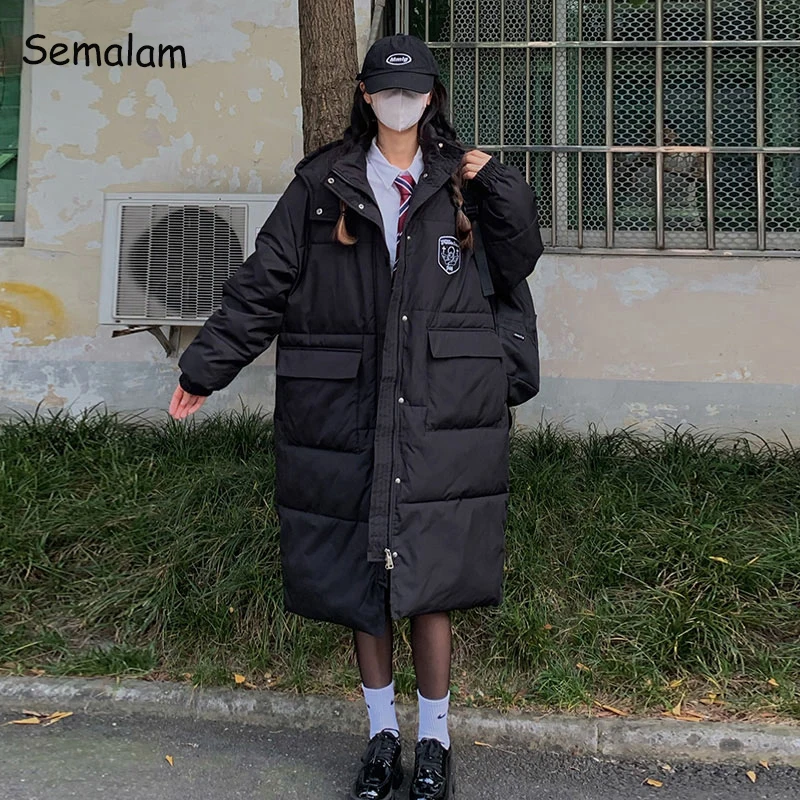 

2022 Winter Black Long Coat WomenThickened Hooded Down Cotton Mid-length Parka Casual Loose Korean College Winter Outwear Chic