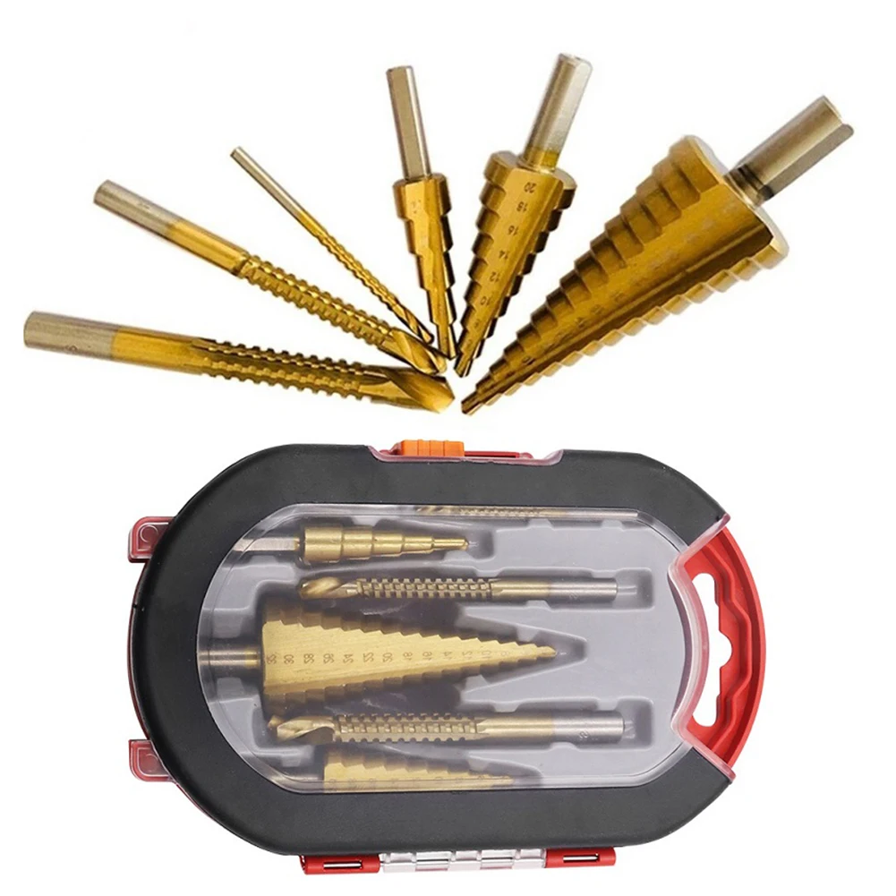 

6 Pcs Step Drill Bit Milling Cutter HSS Titanium Plating 4-12mm/4-20mm/4-32mm 3mm/6mm/8mm For Woodworking Metal Drilling