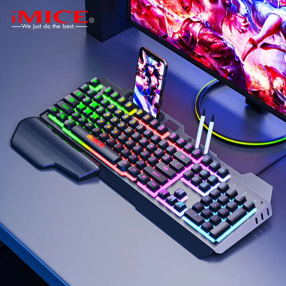 

USB Проводная игровая клавиатура с 104 клавишами, клавиатура с RGB подсветкой и держателем для телефона, для настольного компьютера, ноутбука, П...
