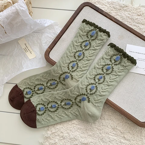 Женские носки, новинки в корейском стиле, новые модные носки с цветочным принтом, повседневные длинные повседневные носки с пузырьковым кружевом, женские дышащие носки