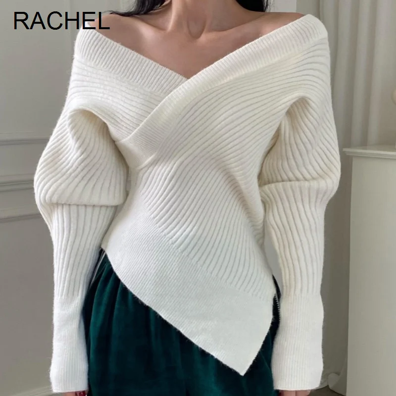 Женский трикотажный пуловер с V-образным вырезом и открытыми плечами | Женская
