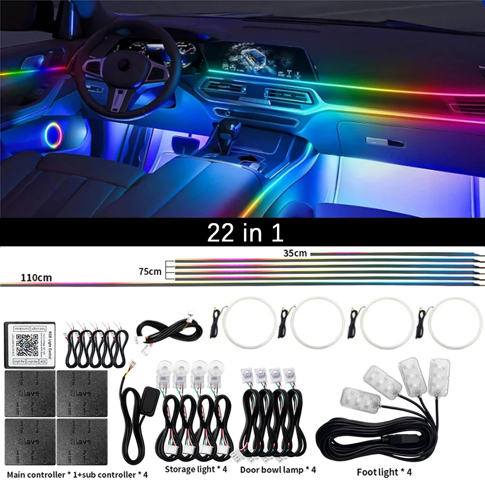 

64-цветная RGB-подсветка Для Салона Автомобиля, Акриловая Светодиодная Лента, Атмосферная Лампа С Управлением Через Приложение