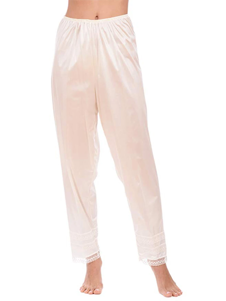 Pyjama Long en Satin de soie pour femmes  vêtements de nuit  pantalon avec bordure en dentelle  bas