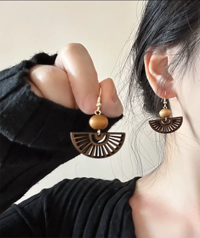 

Ethnic Style Sector Earrings For Women Geometric Carved New Chinese Style Hollowed Out Ear Studs Jewellery