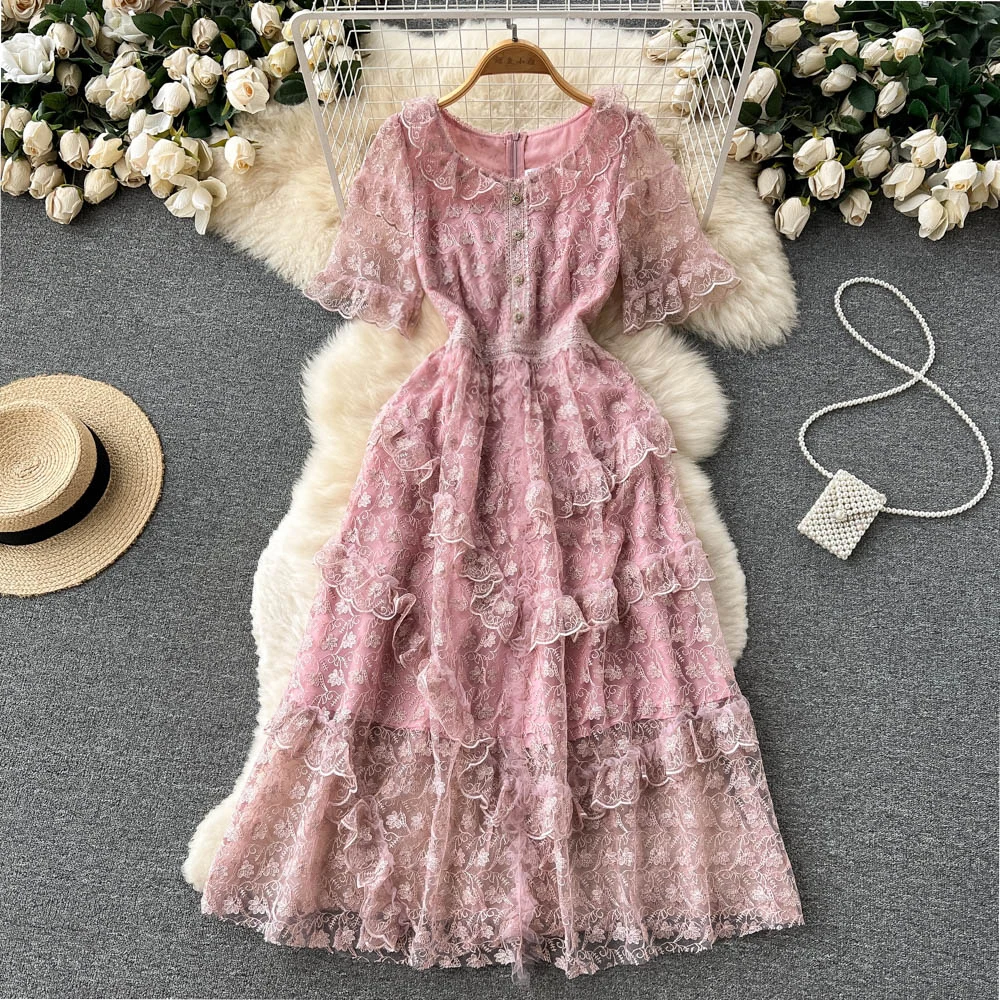 

2022 Summer New Mid-Length Tight Waist Temperament Mesh Embroidered Dress