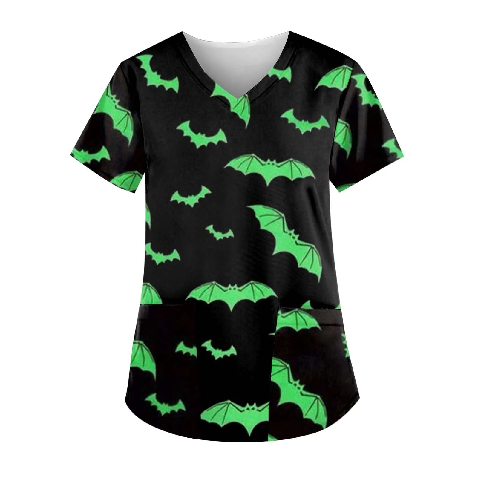 

Women's Casual Fashion Scrubs Tops Halloween Printed Short Sleeve V Neck Nursing Uniform Blouse Holiday Fun Graphic Tshirts