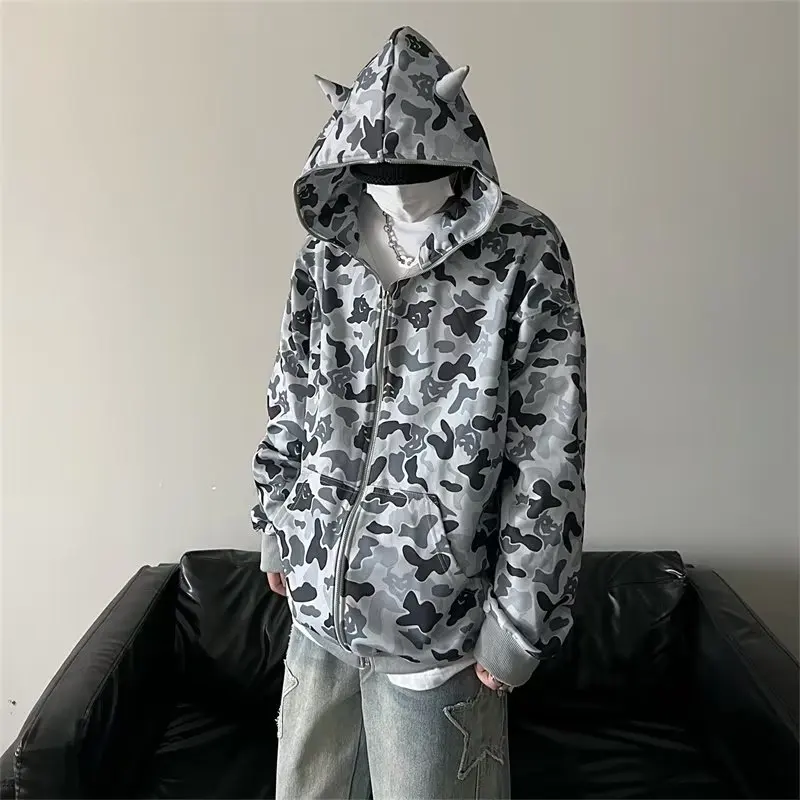 

Lady Ghost Print Front-pocket Hooded Sweatshirt Female Loose Zip-up Hoodies 2022 Autumn Harajuku Unisex Gray Purple Sweatshirts