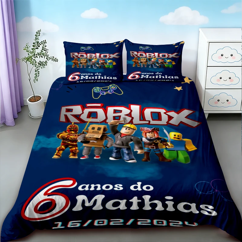 Фото Комплект постельного белья Roblox из 3 предметов: пододеяльник и наволочки, мультяшный дизайн для подростков, размеры Queen и King, для декора спальни, подарки для дома №1