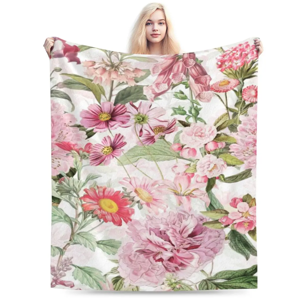 Винтажное ультрамягкое одеяло из микрофлиса с розовым весенним цветком и лугом в