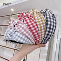 proly new fashion women headband wide side classic plaid hairband center knot headwear vintage hair accessories wholesale