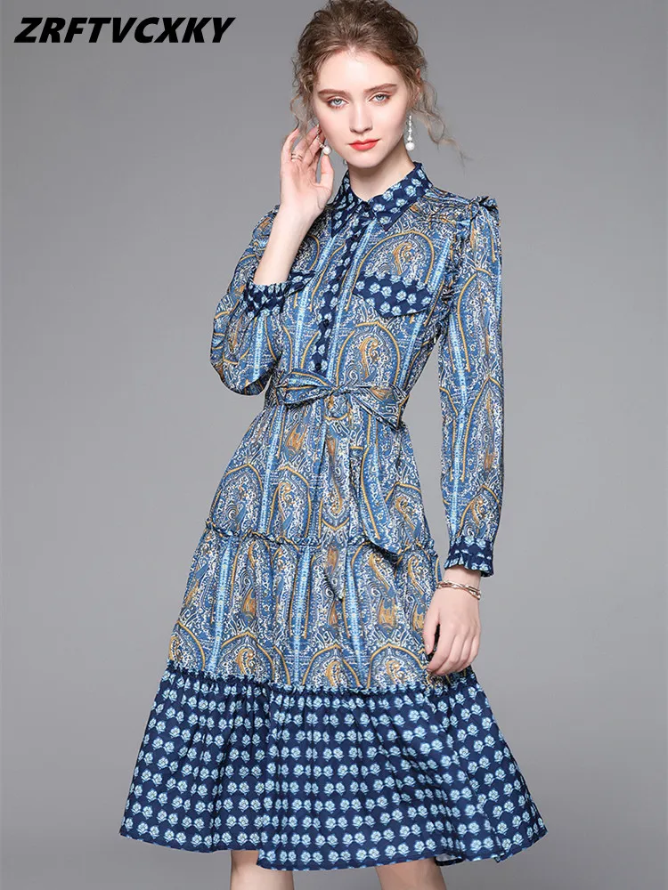 

Модное винтажное платье-рубашка ZRFTVCXKY с цветочным принтом, женское подиумное платье с отложным воротником и оборками, комбинированное вечернее платье миди со шнуровкой