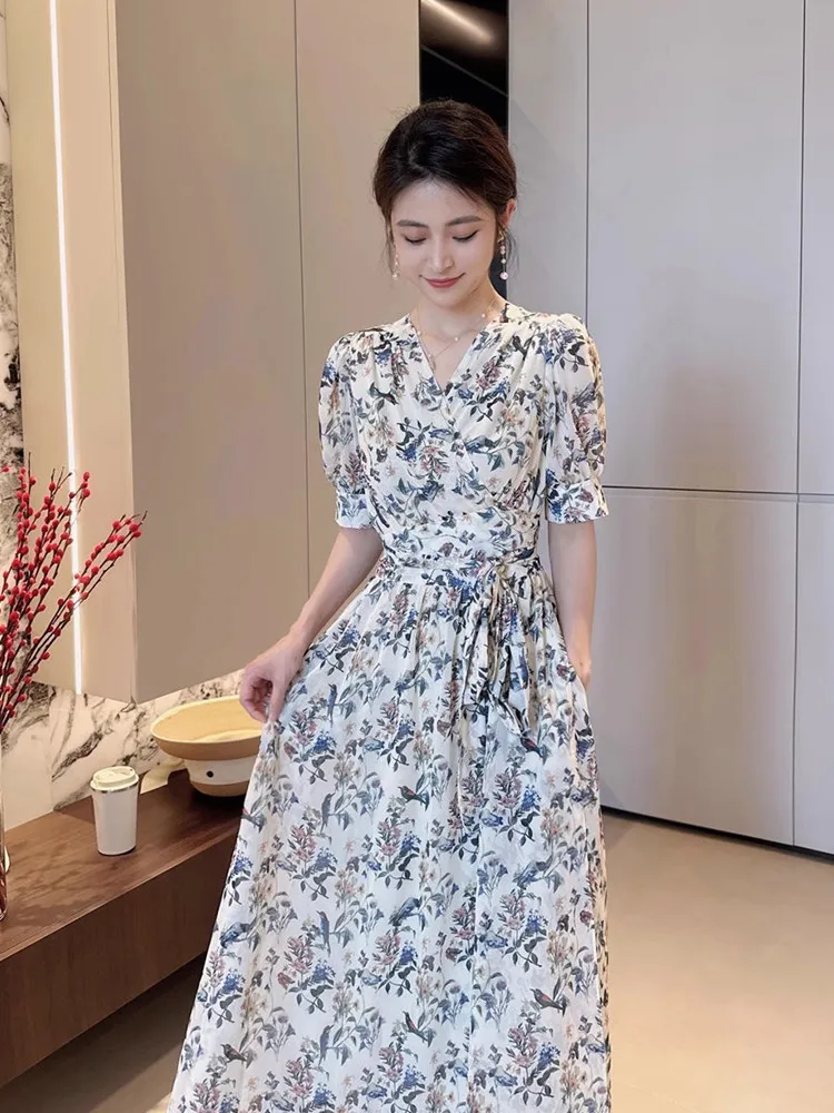 Chiffon Dress Women's Spring Summer Floral Long Dress Short Sleeve V Neck Chiffon Dress Drawstring Waist