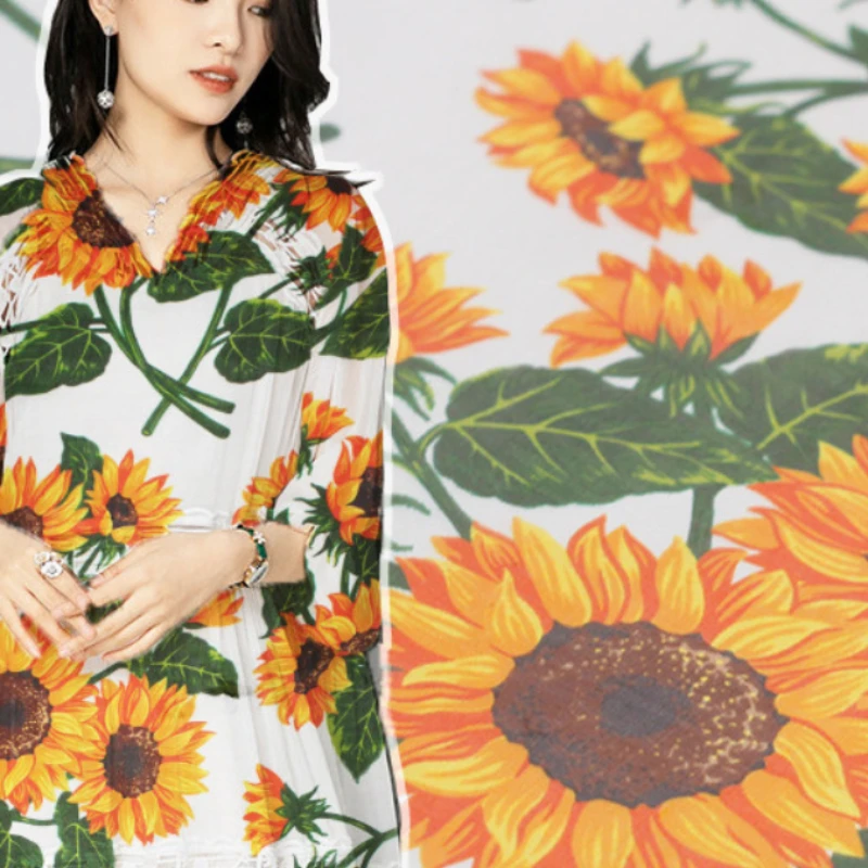 

Silk Chiffon Sheer Mulberry Fabric Fashion Flowing Sunflower Flower Print for Dress Diy Sew Sold by the Yard Material Wholesale