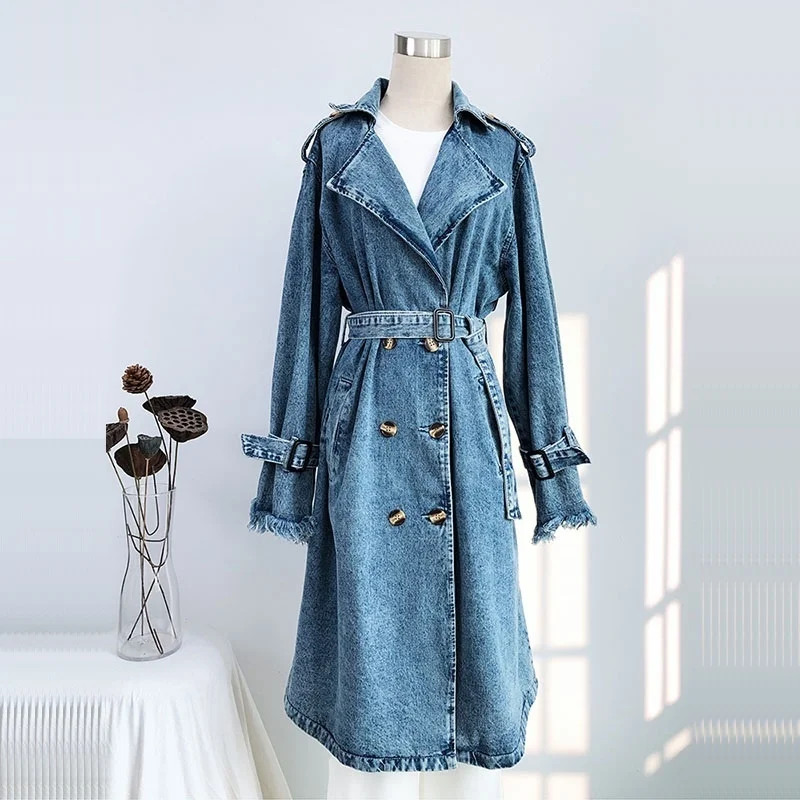 

Mid-length Denim Trench Coat With Belt Frayed Burrs Long Sleeve Spring Autumn Loose Casual Women Blue Cowboy Windbreaker Outwear